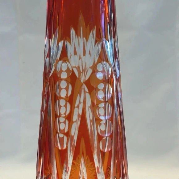 Vintage Mid Century Cut Crystal Vase Bohemian Orange & Red Art Glass - Picture 4 of 4